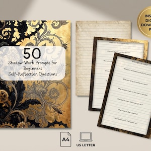 May include: A digital download featuring a journal with the text "50 Shadow Work Prompts for Beginners Self-Reflection Questions." The journal has a gold and black ornate design. Also included are lined pages with prompts and a gold "Instant Digital Download PDF" seal.