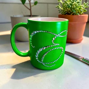 Sparkling Initial Green Cup with Hand-Placed Rhinestones - Unique Handmade Gift