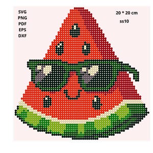 Könnte beinhalten: Eine Pixel-Art-Grafik einer Wassermelonenscheibe mit dunkelgrüner Sonnenbrille. Das Design besteht aus roten, grünen und schwarzen Punkten. Der Text umfasst SVG, PNG, PDF, EPS, DXF, 20 * 20 cm und ss10. Die Wassermelone hat ein lächelndes Gesicht.