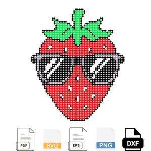 Könnte beinhalten: Eine Erdbeergrafik im Pixel-Art-Stil mit einem leuchtend roten Körper, weißen Punkten als Samen, einem grünen Stiel und einer großen, grau gerahmten Sonnenbrille mit dunklen Gläsern. Unter der Erdbeere befinden sich fünf Dateisymbole: PDF, SVG, EPS, PNG und DXF.