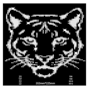 Könnte beinhalten: Ein digitales Grafikdesign eines Tigerkopfes, bestehend aus weißen Punkten auf schwarzem Hintergrund. Der Text SVG, PNG, EPS, PDF, DXF befindet sich unten links. Der Text 202mm*225mm und SS6, SS8, SS10, SS12 stehen unten.
