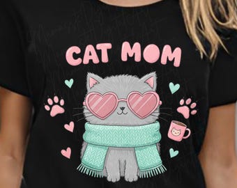 猫ママ PNG: パステルカラーの猫、コーヒー昇華デザイン (デジタルダウンロード)