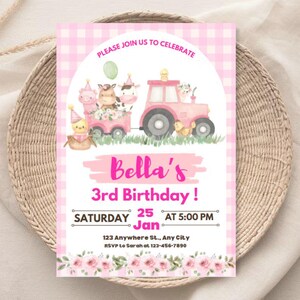 Editable pink Farm Birthday Invitation, Farm Animals Birthday Invite, Girl Barnyard Birthday, Girl Farm, Floral Barnyard Animals, pink farm