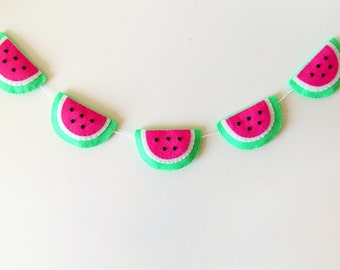 Pink Watermelon Garland, felt summer bunting, cute fruit wall hanging, kitsch kitchen banner, fruit home decor, tropical fruit nursery decor