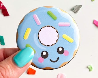 Blue Donut Magnet / Badge, happy doughnut illustration gift, fun kitchen decor, cute food magnet, kawaii pin badge, donut button badge