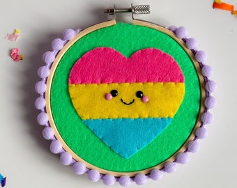 Pansexual Hoop Art | pansexual flag art, LGBTQ+ gift, rainbow heart wall hanging, felt wall art, pan flag gift, queer home decor, pan pride