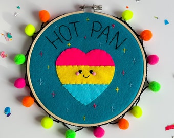 Hot Pan Hoop Art | pansexual flag art, LGBTQ+ gift, rainbow wall hanging, felt wall art, pan flag gift, funny pansexual, queer home decor