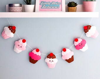 Pink Cupcake Garland, felt wall hanging, cute cupcake bunting, colourful cake nursery decor, felt food decoration, cute felt cupcake banner