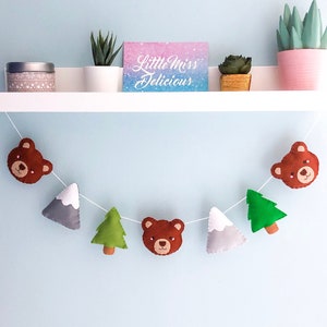 Bear Felt Garland, woodland trees nursery, bear wall hanging, kids felt bunting, gender neutral nursery, felt mountain wall hanging garland