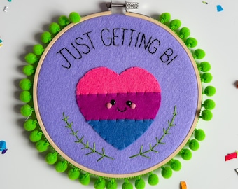 Just Getting Bi Hoop Art | bisexual flag art, LGBTQ+ gift, rainbow wall hanging, felt wall art, bi flag gift, funny bisexual, fun home decor