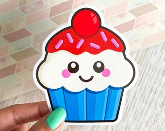 Blue Cupcake Sticker, food vinyl sticker, cute cake decal, kawaii food illustration, planner stickers, laptop decal, happy cupcake gift