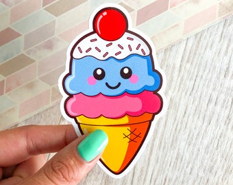 ICE CREAM STICKER | food vinyl sticker, cute ice cream cone decal, kawaii food illustration, planner stickers, laptop decal sticker, happy