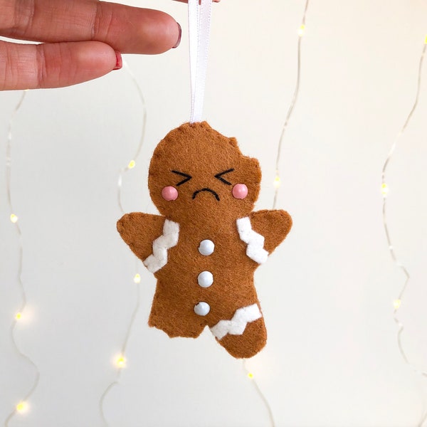 Sad Gingerbread Man Decoration, cute felt gingerbread man, fun festive decor, felt hanging deco, kitsch christmas tree ornament, quirky xmas