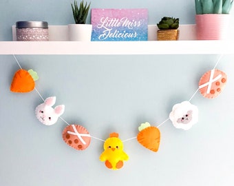 Easter Felt Garland, cute chick nursery, Easter wall hanging, Spring felt bunting, hot cross bun, carrot and bunny garland, Easter decor