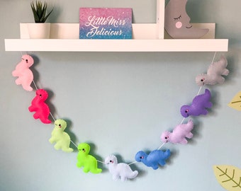 Rainbow Dinosaur Garland, felt dino bunting, cute felt wall hanging, dinosaur nursery decor, dinosaur gift idea, fabric dinosaurs home decor