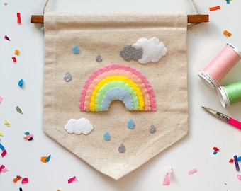 Felt rainbow pennant flag, happy positive wall hanging, cute nursery wall art, childrens room banner, colourful nursery decor, kids gift