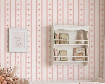 Minimalistisch behang met bloemenstreep kinderkamer - blauwe en roze kleuren kindermuurdecoratie (schilstick / traditioneel)