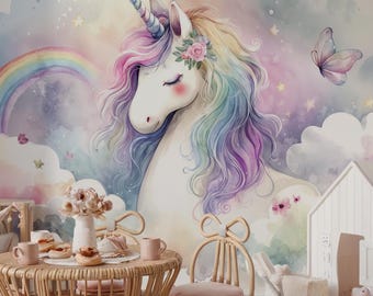 Watercolor Unicorn Wall Mural - Rainbow Baby Girls Nursery Wallpaper ( Peel and Stick or Traditional )
