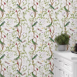 Chinoiserie Peel and Stick Wallpaper – Botanical Bird Floral Wall Mural – Removable Self Adhesive Wallpaper for Bedroom , Nursery & Bathroom