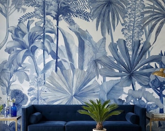Blue Botanical Wall Mural Tropical Palm Leaf Wallpaper ( Peel and Stick / Traditional )