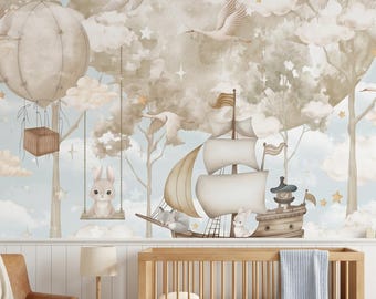 Clouds Coastal Boys Nursery Wallpaper - Kids Nautical Wall Mural (Peel Stick & Traditional)