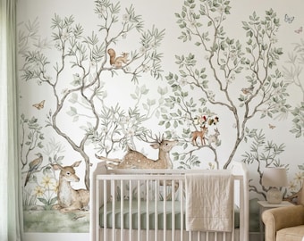 Woodland Animals Nursery Accent Wall Mural - Watercolor Forest Kids Wallpaper ( Peel and Stick / Traditional )