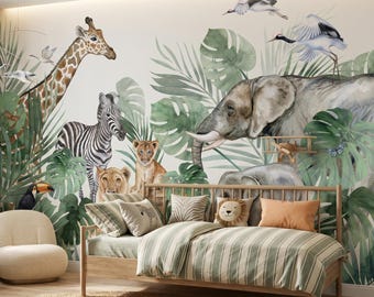 Safari Animals Nursery Wallpaper - Watercolor Jungle Kids Wall Mural Decor ( Peel Stick & Traditional )
