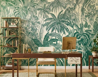 Tropical Palm Leaf Wall Mural - Green Jungle Botanical Wallpaper (Peel & Stick / Traditional )