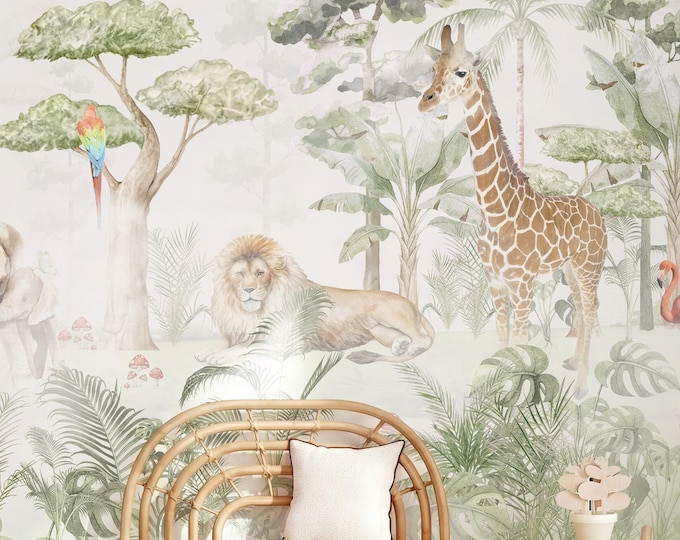 Featured listing image: Watercolor Safari Peel and Stick Wallpaper, Jungle Animals Nursery Mural