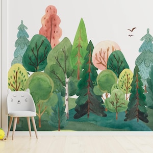 Watercolor Forest Nursery Wallpaper –  Woodland Peel and Stick Mural – Green Tree Self Adhesive Calm Wall Decor for Kids ,Baby Boy & Girl
