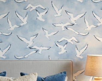 Watercolor Seagull Wallpaper - Kids Nursery Coastal Beach House Wall Mural - (Peel and Stick / Traditional)