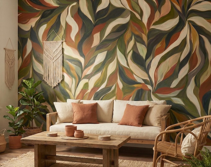 Featured listing image: Boho Abstract Botanical Wallpaper, Terracotta Sage Green Leaf Mural, Mid Century Modern Bedroom, Peel & Stick or Traditional