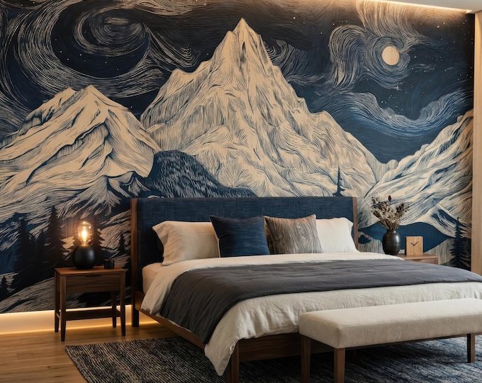 Featured listing image: Starry Night Mountain Wall Mural, Navy Blue Etched Landscape Wallpaper (Peel & Stick / Traditional )