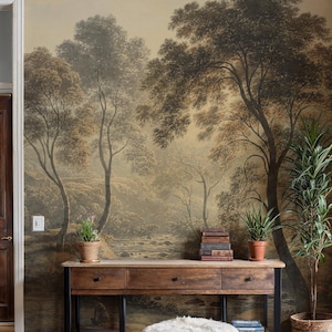 Vintage Countryside Landscape Mural  • Pastoral Forest Peel and Stick Wall Mural • Removable Self Adhesive Rustic Trees Scenic Wallpaper