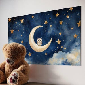 Eulen Druck für Kinderzimmer, Mond und Eule Druck für Kinderzimmer Dekor | Sternenhimmel Babyzimmer Poster | Verträumtes Wandbild für Jungen und Mädchen