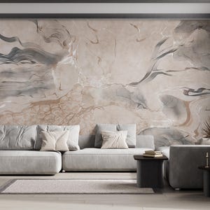 Abstract Marble Look Wallpaper – Peel and Stick Stone Texture Wall Mural  –Neutral Gray and Beige Wallpaper  – Modern Wall Covering