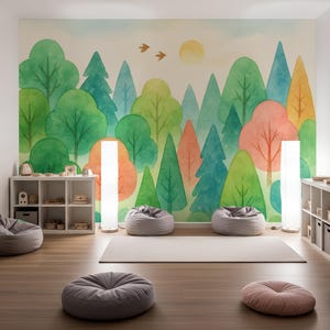 Woodland Nursery Peel and Stick Wallpaper – Self Adhesive Forest Wall Mural for Kids Room – Watercolor Trees Safari Jungle Theme - Girl Boy