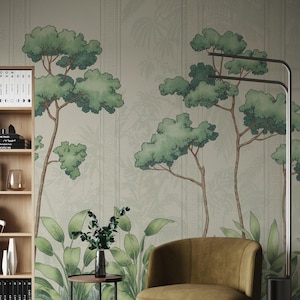 Tropical Forest Wallpaper - Green Botanical Peel and Stick or Traditional Wall Mural  -Removable Adhesive Jungle Nature Inspired Wall Decor