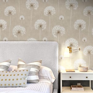 Dandelion Botanical Wallpaper | Beige & White Minimalist Floral Wall Mural | Peel and Stick Scandinavian Wallpaper | Nursery Wallpaper