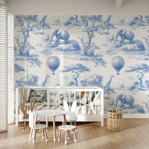 Safari Jungle Wallpaper for Nursery | Blue Toile de Jouy Animal Wall Mural | Peel and Stick or Traditional Wallpaper for Kids Room Decor