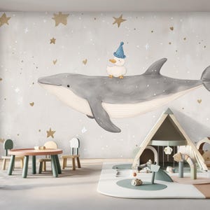 Whale Nursery Wallpaper, Cute Animal Peel and Stick Wall Mural, Ocean Theme Kids Room Decor, Baby Room Wall Art, Neutral Scandinavian Print