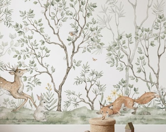 Woodland Animals Nursery Accent Wall Mural - Watercolor Forest Kids Wallpaper ( Peel and Stick / Traditional )
