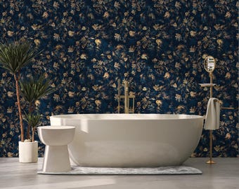 Dark Navy & Gold Floral Wallpaper: Vintage Baroque Peel and Stick Wall Mural