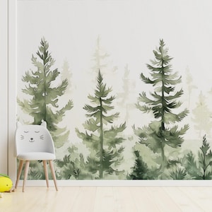 Watercolor Woodland Forest Removable Nursery Wallpaper  – Peel and Stick Misty Green Pine Tree Mural - Kids  Baby or Toddler Room Wall Decor