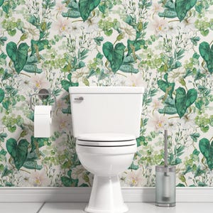 Botanical Green Floral Bathroom Wallpaper – Tropical Foliage Removable Peel and Stick Self Adhesive Wall Mural | Powder Room, Vanity Laundry