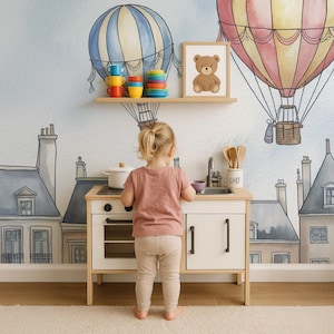 Houses with Hot Air Balloon Self Adhesive Wall Mural for Nursery or Kids Room – Whimsical City Sky Peel and Stick Watercolor Wallpaper