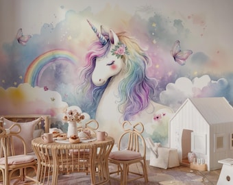 Watercolor Unicorn Wall Mural - Rainbow Baby Girls Nursery Wallpaper ( Peel and Stick or Traditional )