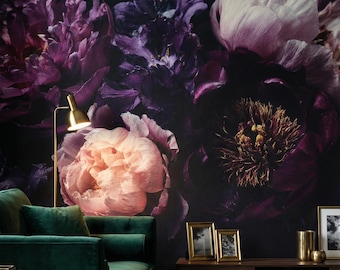 Papel pintado de peonías florales oscuras - Mural autoadhesivo con diseño botánico de Moody