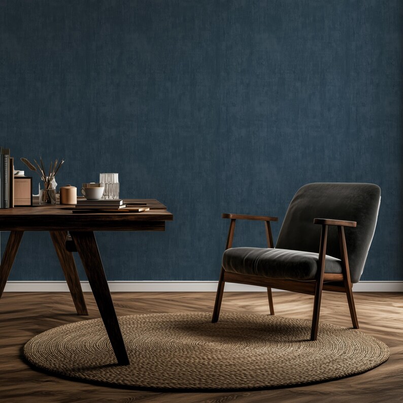 Luxury Dark Blue Limewash Wallpaper for Modern Home Décor, Elegant Navy