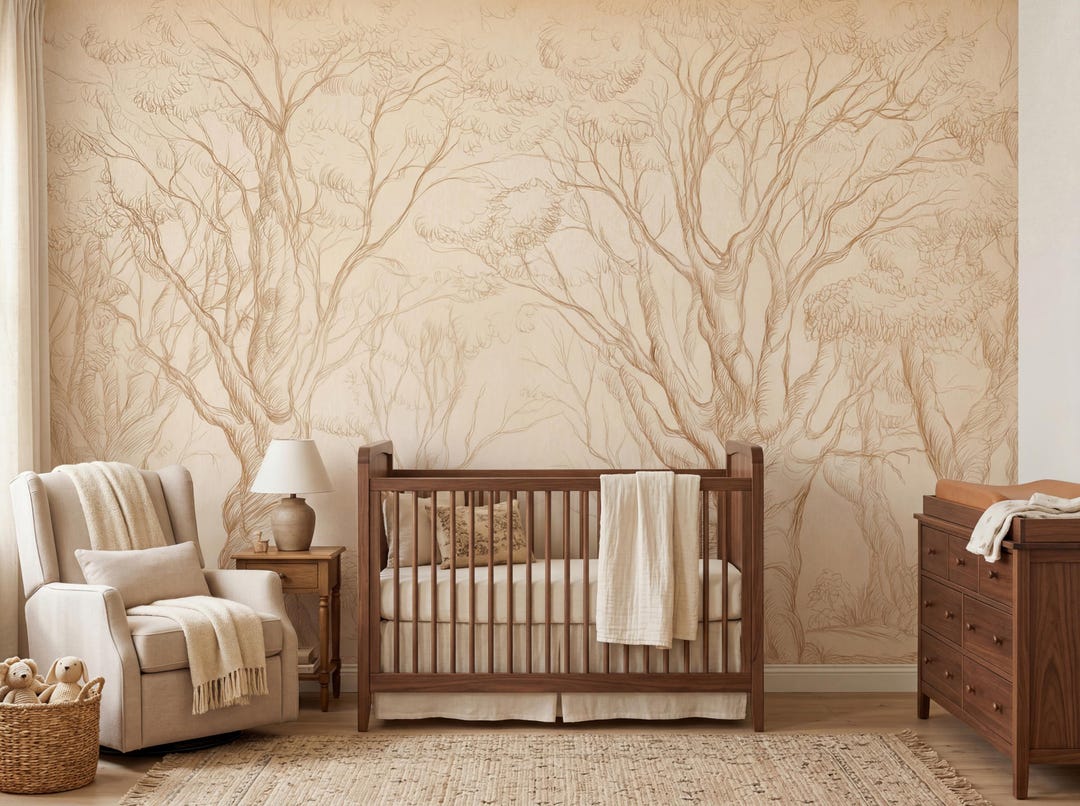Woodland Forest Nursery Wall Mural, Neutral Beige Tree Wallpaper (peel ...